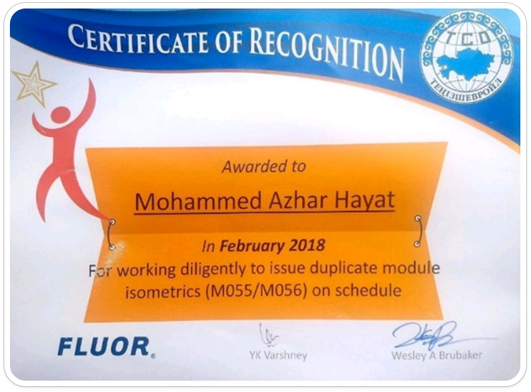 Certificate of Recognition from FLUOR for TCO Kazakhstan Project