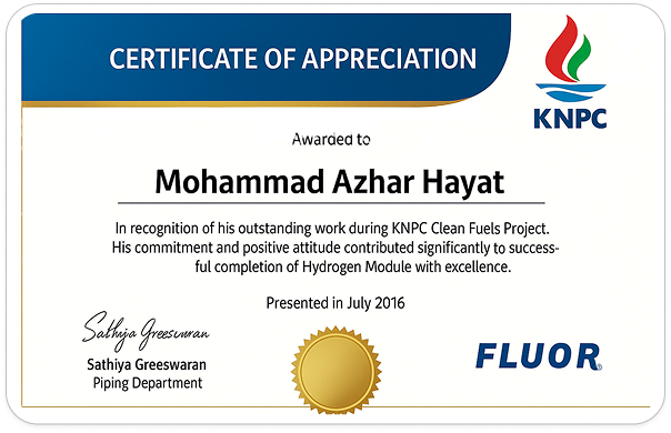 Certificate of Appreciation from FLUOR for KNPC CFP Project